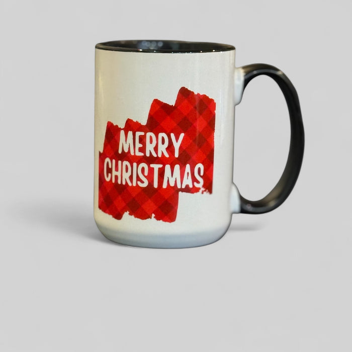 Merry Christmas Red and Black Plaid Ceramic Mug 15oz