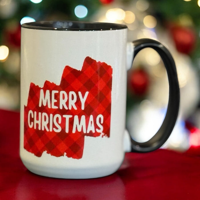 Merry Christmas Red and Black Plaid Ceramic Mug 15oz