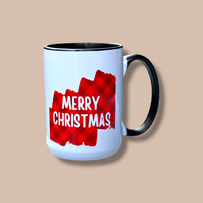 Merry Christmas Red and Black Plaid Ceramic Mug 15oz